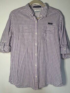 Columbia PFG Super Bonehead Purple Gingham Plaid Fishing Shirt Vented